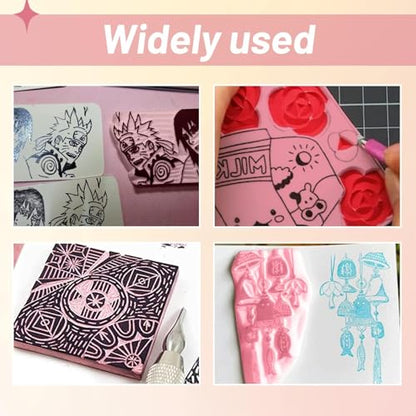 4 Pack 4"x6" Rubber Carving Blocks with Lino Cutter Tool Set | Smooth soft pink texture; interchangeable blades for linoleum printmaking, stamp making & DIY crafts