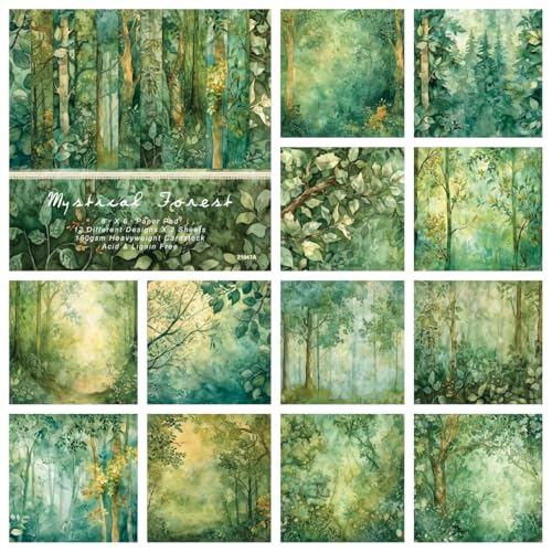 6x6 Scrapbook Paper Pad, Mystical Forest Botanical Designs, 24 Single-Sided Sheets (12 Designs, 2 Each), 160gsm Acid-Free Paper for Card Making, Scrapbooking & Journaling - color: 6x6 Forest Green