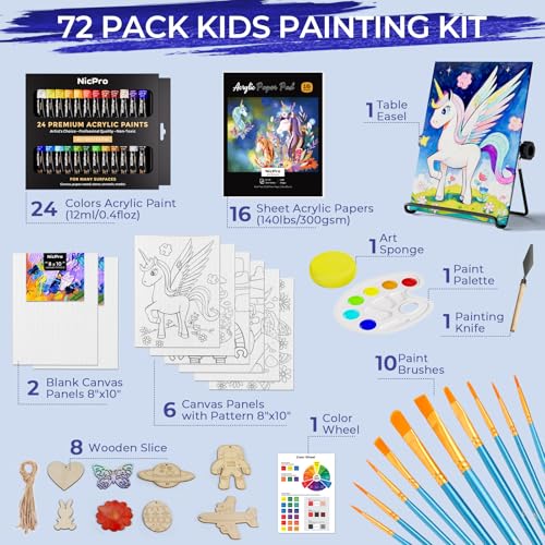 Nicpro 72PCS Kids Painting Set with Pattern Canvas for Beginner Students | 24 Acrylic Paints, 10 Brushes, 8 Canvas Panels, Table Easel, Paper Pad, Color Wheel, Palette, Art Painting Supplies Kit - color: 24 Colors
