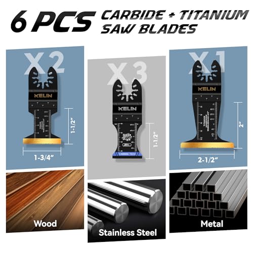 KELIN 6 PCS Carbide Titanium Oscillating Blade,Universal Multitool Blades | Heavy Duty Oscillating Tool Saw Blades for Steel Bolts Screws Metal Wood Cutting with Hangable Case,Fit For Bosch Fein Dewalt - size: 6 PCS (Carbide + Titanium)
