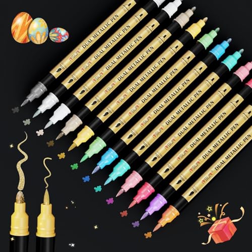 12 Colors Dual Tip Metallic Acrylic Paint Marker pens with Brush & Fine - color: 12 Colors-1