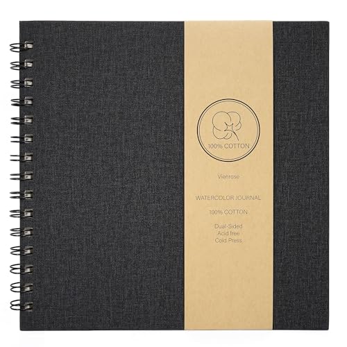 Vienrose Watercolor Book, Watercolor Journal with 22 Sheets 140 LB (300 GSM) Cotton Watercolor Paper, Black Leather Cover Travel Art Journal for Painting & Notes, 8.3"x8.3" - color: Black, size: 8.66"x8.46"