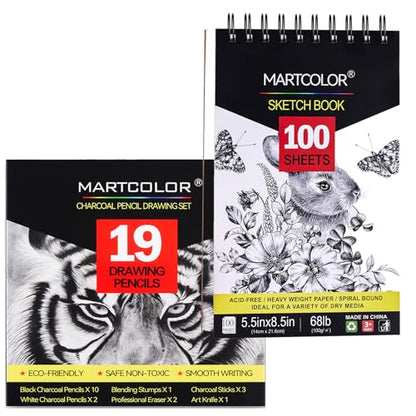 MARTCOLOR Charcoal Drawing Set, 19 Pieces, Black & White Charcoal Pencils and 5.5X8.5” Premium Sketch Book Set, 1 Pack, 100 Sheets(68 lb/100gsm) Sketchbook