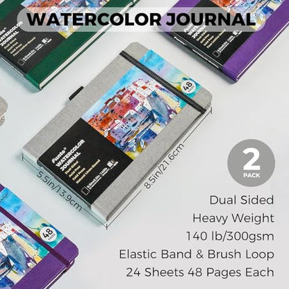 Funto Classic Hardcover Watercolor Journal, 8.5x5.5(2-Pack)-140lb Cold Press Paper, Lay-Flat Binding,Inner Pocket, for Adults & Artists - color: Gray-8.5 x 5.5
