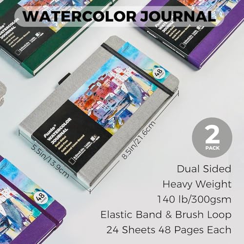 Funto Classic Hardcover Watercolor Journal, 8.5x5.5(2-Pack)-140lb Cold Press Paper, Lay-Flat Binding,Inner Pocket, for Adults & Artists - color: Gray-8.5 x 5.5