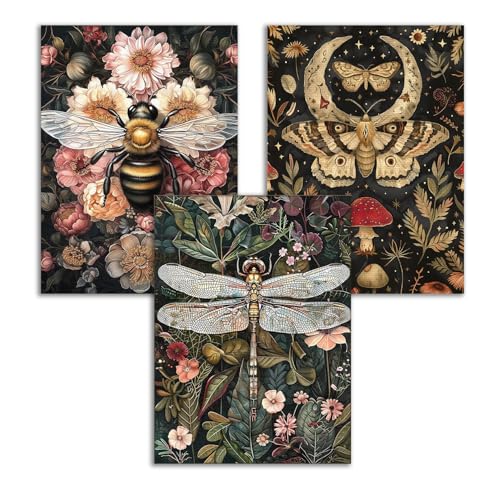 GOUOYANA Vintage Diamond Art Kit for Adult-3P Dragonfly Diamond Wall Art | Round Drill Dragonflies Moths Bees DIY Diamond Painting for Kits Adults 5D Diamond dots(Gemstone Craft)Wall Decor Gift12x16IN - color: DP01180