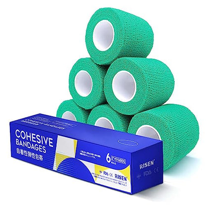 RISEN Cohesive Bandage 2” x 5 Yards, 6 Rolls, Self Adherent Wrap Medical Tape, Adhesive Flexible Breathable First Aid Gauze Ideal for Stretch Athletic - color: Mint Green, size: 6 Count (Pack of 1)