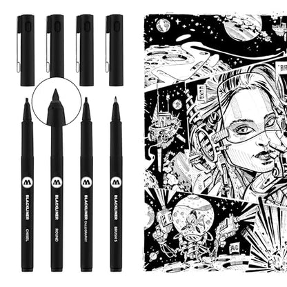 Molotow Blackliner Pen 4-Pen Set 3 - Calligraphy, Chisel, Brush S & Round Tips, 1 Set Each - style: Matte Textured Barrel with Chisel, Round, Calligraphy, and Brush S Tips
