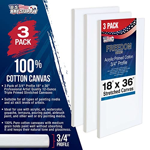 U.S. Art Supply 18 x 36 inch Stretched Canvas 12-Ounce Triple Primed, 3-Pack - Professional Artist Quality White Blank 3/4" Profile, 100% Cotton, Heavy-Weight Gesso - Acrylic Pouring, Oil Painting - size: 18-x-36-inch