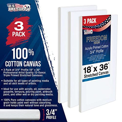U.S. Art Supply 18 x 36 inch Stretched Canvas 12-Ounce Triple Primed, 3-Pack - Professional Artist Quality White Blank 3/4" Profile, 100% Cotton, Heavy-Weight Gesso - Acrylic Pouring, Oil Painting - size: 18-x-36-inch