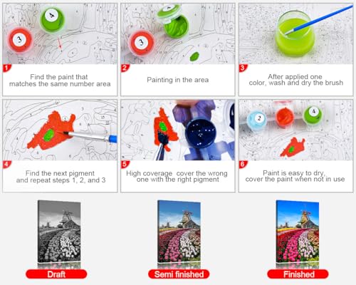 TUMOVO Paint by Numbers Kit for Adults Tulips Dutch | landscape tulips dutch 16x20 inch unframed canvas, easy to follow, pre-numbered, acrylic paints included. - color: Windmills