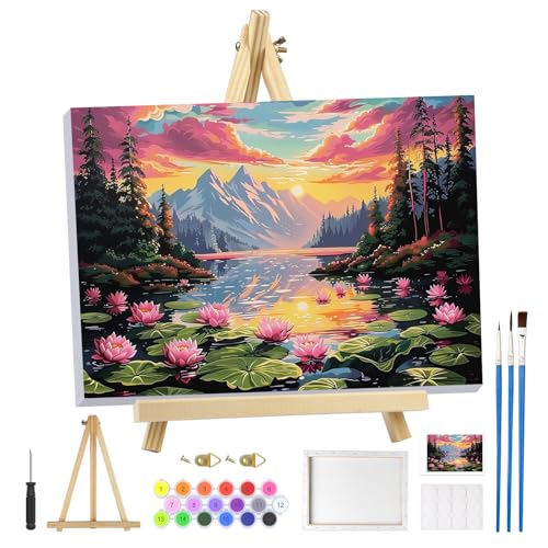 MOGTAA Landscape Paint by Numbers Kit for Adults Beginners with Frame, Flowers Lake Adult Paint by Number Kits on Canvas with Easel, Easy DIY Sunset Oil Painting Kits for Home Decor, 8x12in - color: Landscape