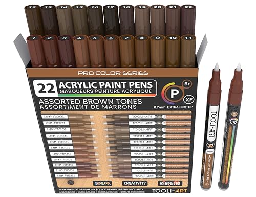 Acrylic Paint Pens 22 Brown Tones Assorted Pro Color Series Markers Set 0.7mm Extra Fine Tip for Rock Painting, Glass, Mugs, Wood, Metal, Canvas, Projects, Non Toxic, Waterbased, Quick Drying - color: BROWN XF