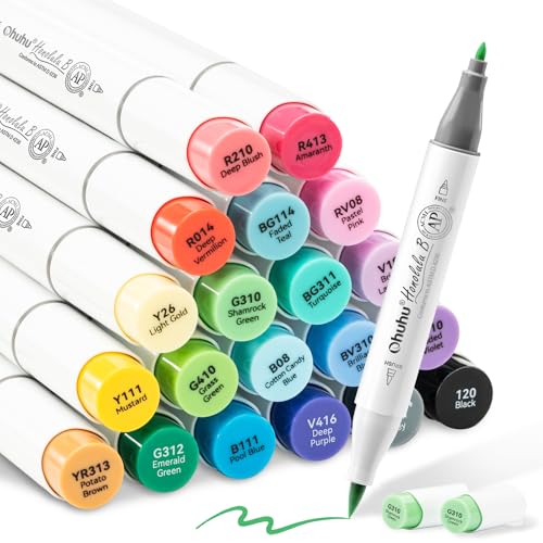 Ohuhu Alcohol Markers Brush& Fine 24 Colors for Adult Coloring AP Certified - style: Brush & Fine