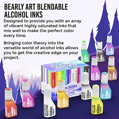 Bearly Art Alcohol Ink Classic Collection Rainbow Set 0.5 fl oz Each | 12 acid safe blendable alcohol inks and blending solution for vibrant designs on paper, resin and mixed media surfaces