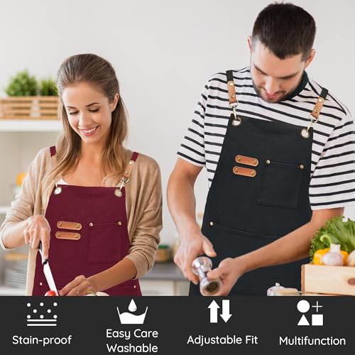 Chef Canvas Aprons with 3 Large Pockets Adjustable Strap for Men Women - color: Black