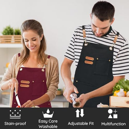 Chef Canvas Aprons with 3 Large Pockets Adjustable Strap for Men Women - color: Black