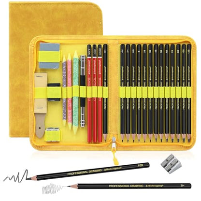 Heshengping Sketching and Drawing Pencils Set 26pcs, Art Supplies Drawing pencil Kit,Graphite Charcoal Professional Pencils Set, Adults Beginners Artist - style: 26 Pack Sketching Pencils Yellow
