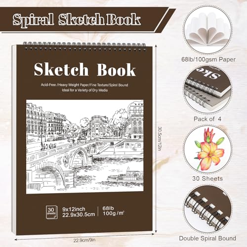 4 Pack Sketch Books 9 × 12 in, Top Spiral, 30 Sheets Each, Drawing Pad - color: Tan, size: 9 × 12Inch（4 Pack）