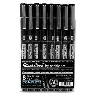 Pacific Arc Blackliner Black Fineliner Pens - Set of 8 Differently Sized Fine Drawing Pens for Artists, Sketching, Journaling, Hand Lettering, and Calligraphy - size: 8 Pack | All Sizes