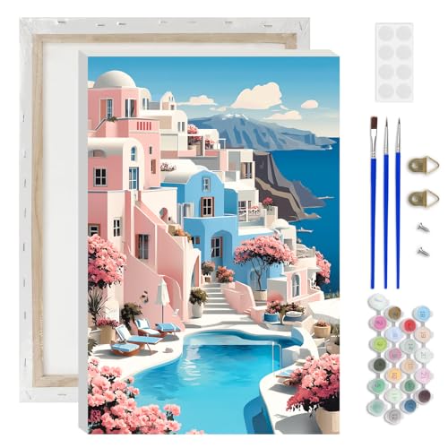 Lxmsja Santorini Landscape Paint by Numbers Kit for Adults, Romantic View Acrylic Paint by Numbers for Adults Beginner, DIY Craft Supplies Oil Painting Kits for Home Wall Decor 8x12 inch (Framed) - color: blue#100
