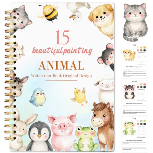 Watercolor Workbook for Beginners - Water Coloring Book with 15 Beautiful Paintings, Easy Step-by-Step Watercolor Book, Relaxing Art Activity and Creative Gift for Adults & Teens (Animals) - color: Animals, size: without palette