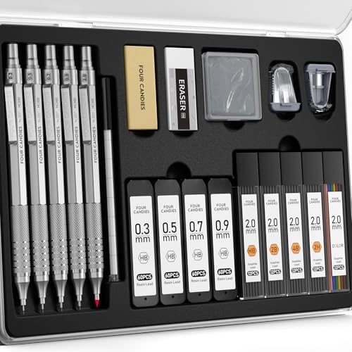 Four Candies Metal Mechanical Pencil Set, 4PCS 0.3, 0.5, 0.7, 0.9MM Mechanical Pencils & 2MM Drawing Pencil with 9 Tubes Lead Refills (4B 2B HB 2H Color) for Student Writing Artist Sketching - Silver - color: Silver, size: 0.3, 0.5, 0.7, 0.9, 2.0MM