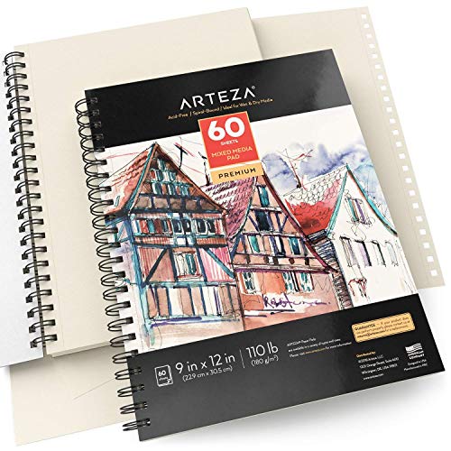 ARTEZA Mixed Media Sketchbook, 9x12 Inches – 2-Pack, 60 Spiral-Bound Sheets, 110 lb Acid-Free Paper for Wet & Dry Media: Acrylic, Ink, Pencil & More - size: 9"x12" (Pack of 2)