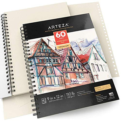ARTEZA Mixed Media Sketchbook, 9x12 Inches – 2-Pack, 60 Spiral-Bound Sheets, 110 lb Acid-Free Paper for Wet & Dry Media: Acrylic, Ink, Pencil & More - size: 9"x12" (Pack of 2)