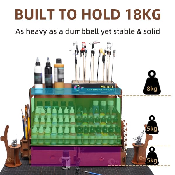 OPHIR Wooden Paint Organizer for 104 Bottles with 2 Brush Holder, 2 Drawer - size: 1.02" & 1.42"-104 Holes