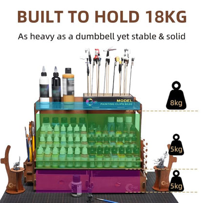 OPHIR Wooden Paint Organizer for 104 Bottles with 2 Brush Holder, 2 Drawer - size: 1.02" & 1.42"-104 Holes