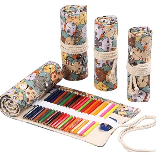 DIYOMR 12/24/36/72 Slots Pencil Wrap Pencil Rolls, Artist Colored Pencil Roll Up Bag Short Brush Pouch Case Pencils Organizer for Drawing Coloring and Sketching, No Pencils (Cuddly Cat, 12slots) - color: Cuddly Cat, size: 12slots