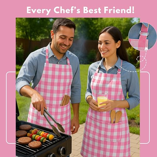 Native Fab Kitchen Apron 2 Pack - 100% Cotton Adjustable, Durable Apron with Pockets, Perfect for Cooking, Baking, Grilling - color: Buffalo, Rose Pink