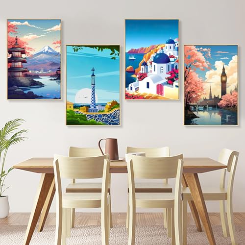 4 Pack Framed Paint by Numbers Kit for Adults with Wooden Easel, Landscape Paint by Number Kits with Frame, Acrylic Watercolor Adult Paint by Number Kits on Canvas Framed for Home Decor 8x12 Inch - color: OP-4P-F-Attractions-2030