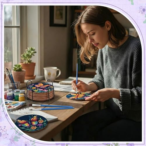 Reallnaive 8 Pcs Butterfly Flower Paint by Numbers Kit Coaster for Adults - style: Butterfly Flowers
