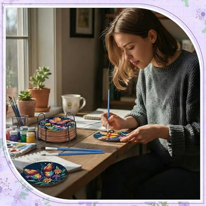 Reallnaive 8 Pcs Butterfly Flower Paint by Numbers Kit Coaster for Adults - style: Butterfly Flowers