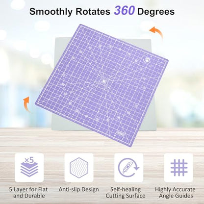 12"x12" Rotating Cutting Mat, Self Healing Mat with 360-Degree Rotation & Anti-Slip Base, Sewing Board Cutting Mat Perfect for Fabric Quilting Leather Hobby Project, Purple - color: Purple, size: 12"L x 12"W