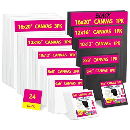 Stretched Canvas for Painting, 24Pack Canvas Value Pack for Painting, Triple Primed 5/8" Profile Cotton Professional Artist Quality Blank Canvas,Ready to Paint, Art Supplies for Acrylic, Oil - size: 24PK