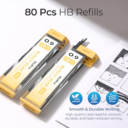 Nicpro Blocky Gear 0.9 mm Mechanical Pencils Set, Metal Pencil with Case | 120 Lead Refills, Erasers+9 Eraser Refill, Hexahedral Barrel, Mechanical Pencil Bulk, for Professional Sketching Drafting - size: 0.9 mm
