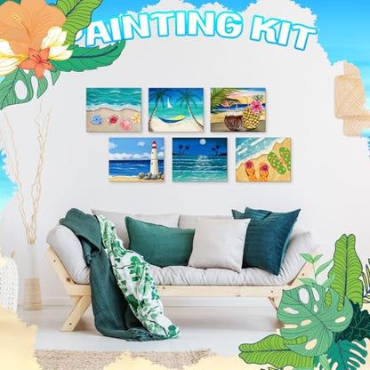Motipuns 12 Set Beach Pre Drawn Canvas for Paint for Adults | 10 x 8 Inch, Sip and Paint Party Kit, Pre Printed Framed Canvas with Easels Paints Brushes Aprons, Party Adult Art Supplies - style: Beach