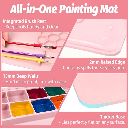Silicone Painting Mat, 23.6x15.8in Art Drawing Mat with Brushes | For children DIY art watercolor clay use, table protection craft mat, painting station with cup palette cleaning cup, pink - color: Pink