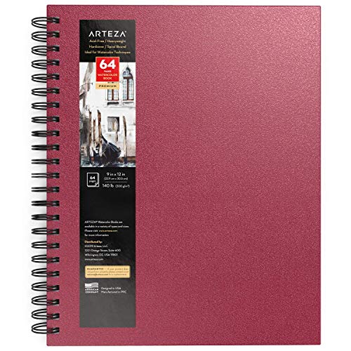 Arteza Watercolor Sketchbook, 9x12 Inch, Pink Hardcover Journal, 64 Pages, 140lb/300gsm Watercolor Paper Pad, Spiral-Bound, Art Supplies for Watercolors, Gouache, Acrylics, Pencils, Wet & Dry Media - color: Pink, size: 9x12 inch - 1 pack