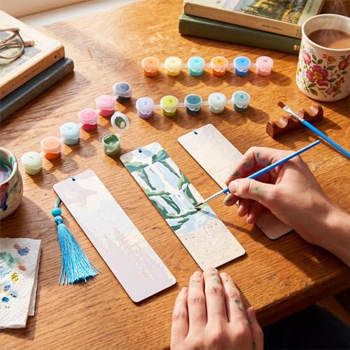 Kosiz 12 Pcs Night Landscape Paint by Number Kit for Adult Wood Bookmark | Mini Paint by Numbers Kit, Painting Decor, Tiny Mountain Tassels Blank Bookmarks, for Small DIY Craft Book Lovers Gift 7x2 '' - style: Night Landscape