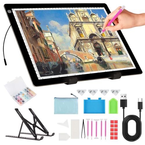 A4 Light Board for Diamond Painting - Tracing Light Box with Stand, Stepless Dimmable 3 Levels Brightness Light Pad, Ultra-Thin LED Light Pad for Weeding Vinyl, Drawing, Diamond Painting - style: A4 with Stand(Diamond painting kit)