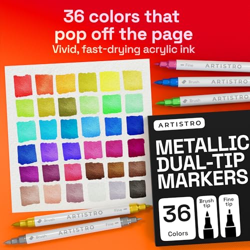 ARTISTRO 36 Metallic Dual-Tip Acrylic Paint Marker Pens for Drawing | For Fabric, Rock, Glass, Wood, & Molds, Arts & Crafts Gift for Adults, Teens, & Kids, Classroom Must Haves & School Supplies