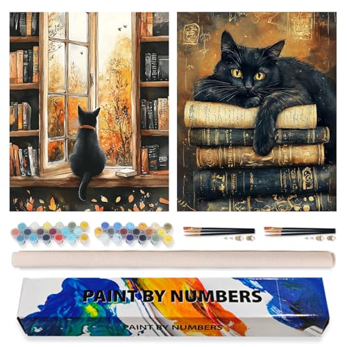 Possoco 2 Pack Paint by Numbers Kit for Adults Beginner, Black Cat Adult Paint by Number Kits on Canvas, DIY Acrylic Vintage Books Number Painting for Adults for Home Decor Gift 16x20 Inch - color: DG-OP-2P-BlackCat-4050