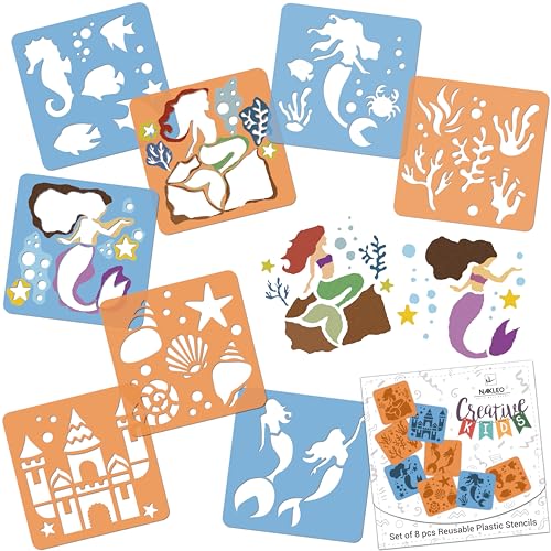 NAKLEO Painting Stencils for Kids, 8 Pcs Set 6x6” Syrens, Children Creative Drawing Templates Plastic and Reusable, DIY Decoration Arts and Crafts, Paper Wall Wood Fabric - color: MERMAIDS