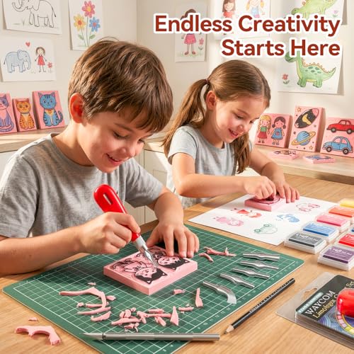 WAYCOM 18Pcs Linoleum Blocks for Printmaking: Linocut kit with Tools & Ink - 4x6 Rubber Carving Blocks - Art Craft Supplies for Beginners & Hobbyists - Gifts for Christmas/Birthday/Art Enthusiast - color: Pink-4 Carving Blocks