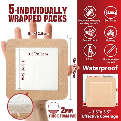 FRESINIDER Silicone Foam Dressing with Adhesive Border – Wound Dressing Bandage – Silicone Foam Pad – Pack of 5 – 5 x 5 Inches Large Waterproof Bandages – Self Adhesive Wound Care and Dressings - size: 5" x 5",5pack
