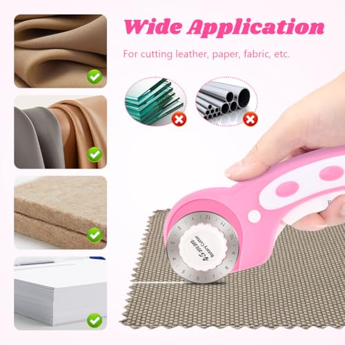 45mm Rotary Cutter for Fabric with 10pcs Replacement Blade, Rolling Fabric Cutter Crochet Edge Skip Stitch Blade for Quilting Crafts Sewing(COLOR:pink)